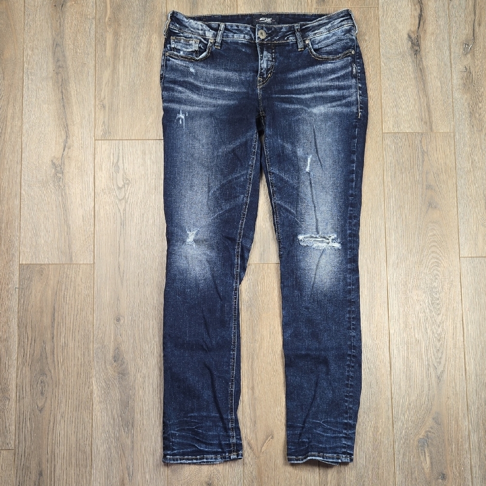 Silver Dark Faded Wash Berkley Straight Distresses Denim Blue Jeans, Size 31/32